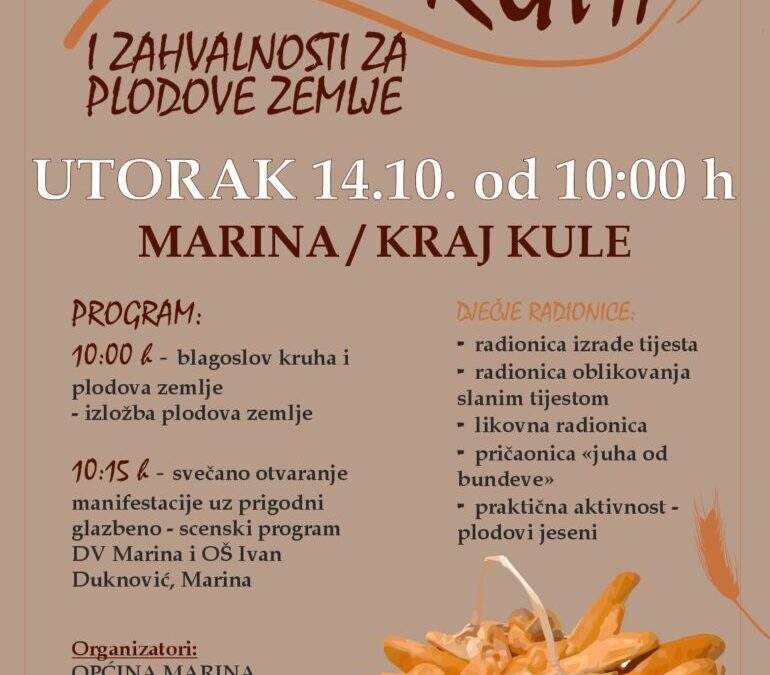 OBAVIJEST ZA DANE KRUHA I ZAHVALNSOTI ZA PLODOVE ZEMLJE!
