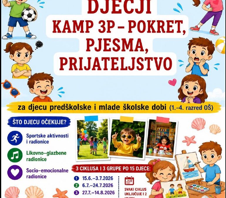 ZAPOČELE SU PRIJAVE ZA BESPLATNE RADIONICE ZA DJECU U SKLOPU PROJEKTA KAMP 3 P- POKRET, PJESMA, PRIJATELJSTVO!